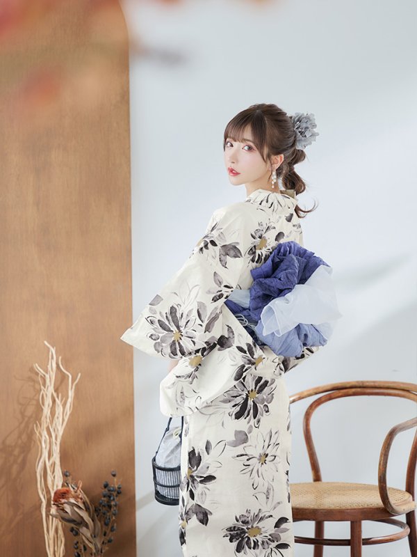 画像3: 【即日発送】水彩風モノトーンフラワー浴衣  【浴衣３点セット 浴衣/帯/下駄】[YMT]