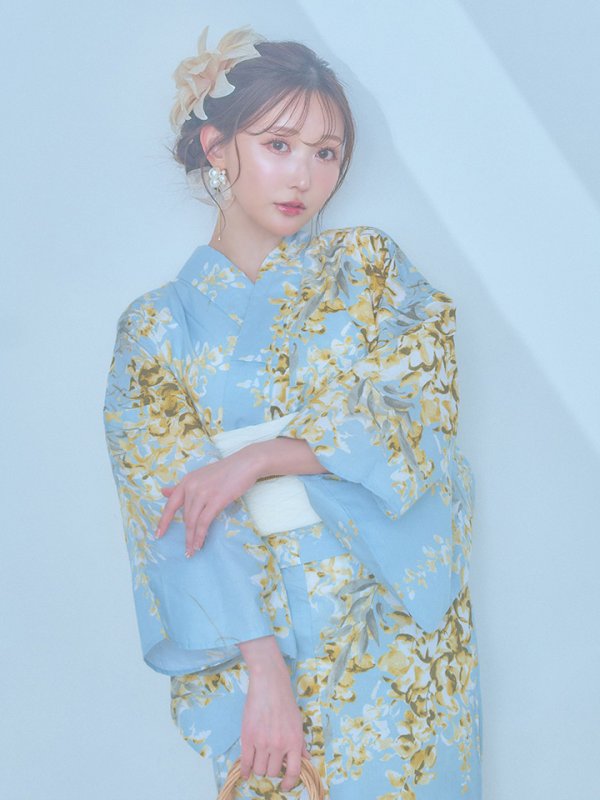 画像3: 【即日発送】ライトブルー×キバナフジ浴衣  【浴衣３点セット 浴衣/帯/下駄】[YMT]