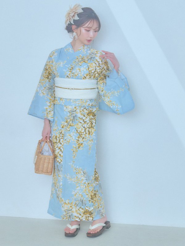 画像5: 【即日発送】ライトブルー×キバナフジ浴衣  【浴衣３点セット 浴衣/帯/下駄】[YMT]