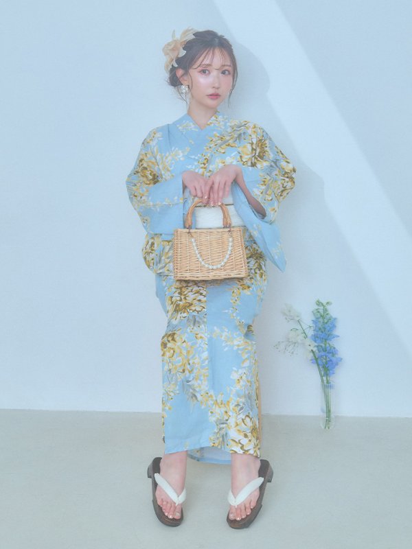 画像9: 【即日発送】ライトブルー×キバナフジ浴衣  【浴衣３点セット 浴衣/帯/下駄】[YMT]