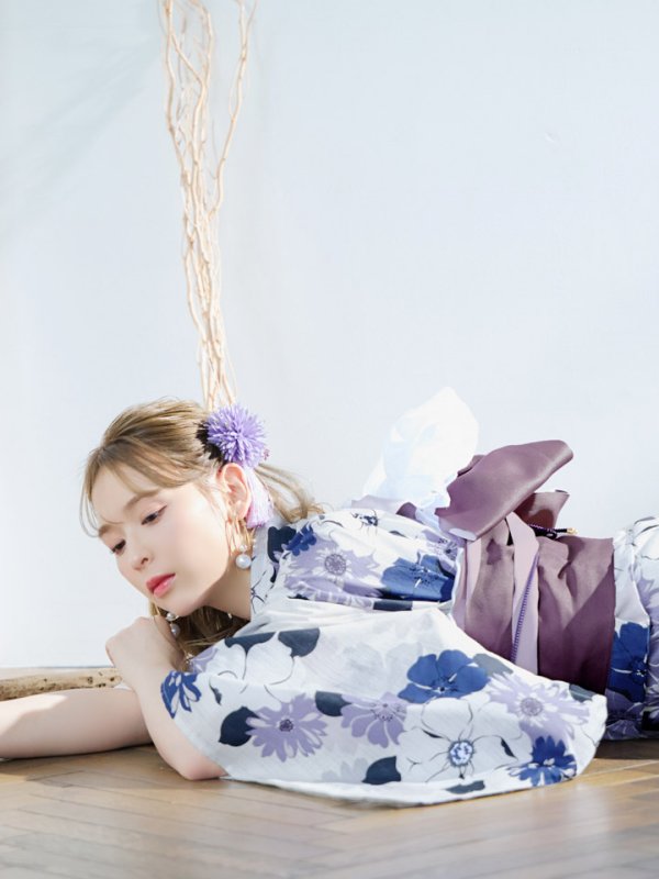 画像5: 【即日発送】パープルフラワー浴衣  【浴衣３点セット 浴衣/帯/下駄】[YMT]