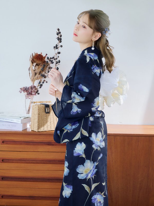 画像10: 【即日発送】ネイビー＆ブルー牡丹浴衣  【浴衣３点セット 浴衣/帯/下駄】[YMT]