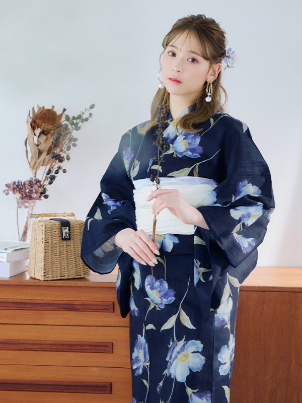 画像12: 【即日発送】ネイビー＆ブルー牡丹浴衣  【浴衣３点セット 浴衣/帯/下駄】[YMT]