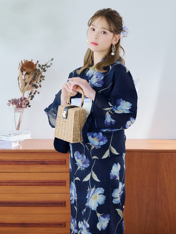 画像2: 【即日発送】ネイビー＆ブルー牡丹浴衣  【浴衣３点セット 浴衣/帯/下駄】OBI-siwa-202-ok-5-IV / HIMO-900-yn-5-IV / HEKO-800-sb-5-W / YA-1025-wk-BL / GETA-02-ok-2-IV[YMT]