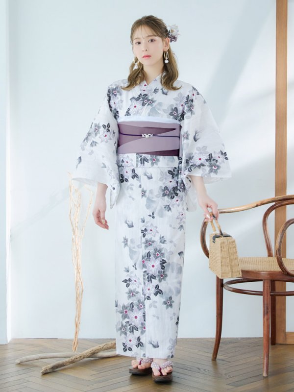 画像4: 【即日発送】朝顔×くすみパープル浴衣  【浴衣３点セット 浴衣/帯/下駄】[YMT]