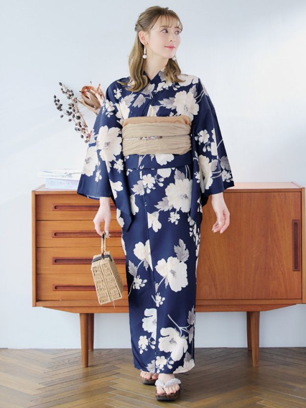 画像16: 【即日発送】ネイビー×ホワイトフラワー浴衣  【浴衣３点セット 浴衣/帯/下駄】[YMT]