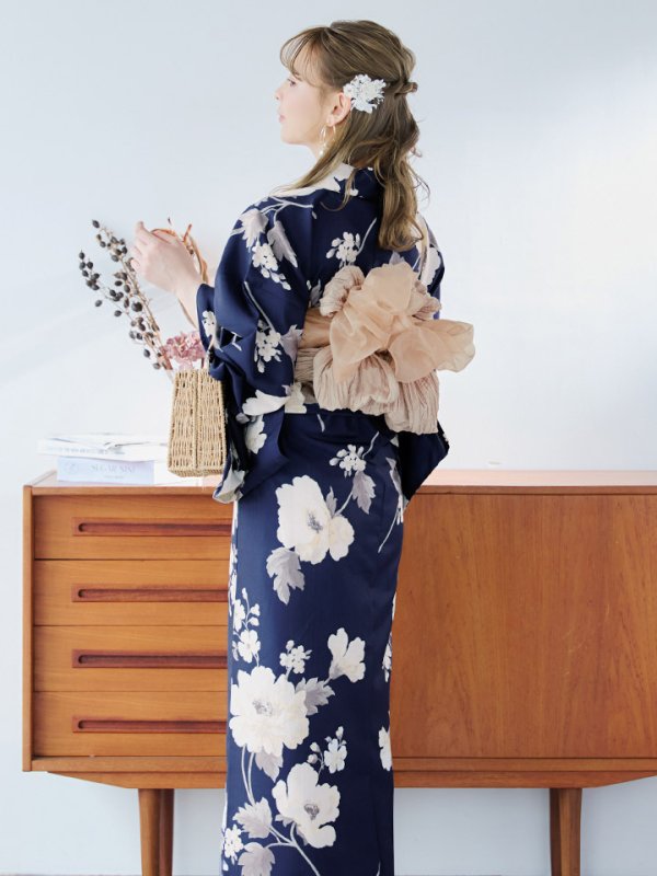 画像17: 【即日発送】ネイビー×ホワイトフラワー浴衣  【浴衣３点セット 浴衣/帯/下駄】[YMT]