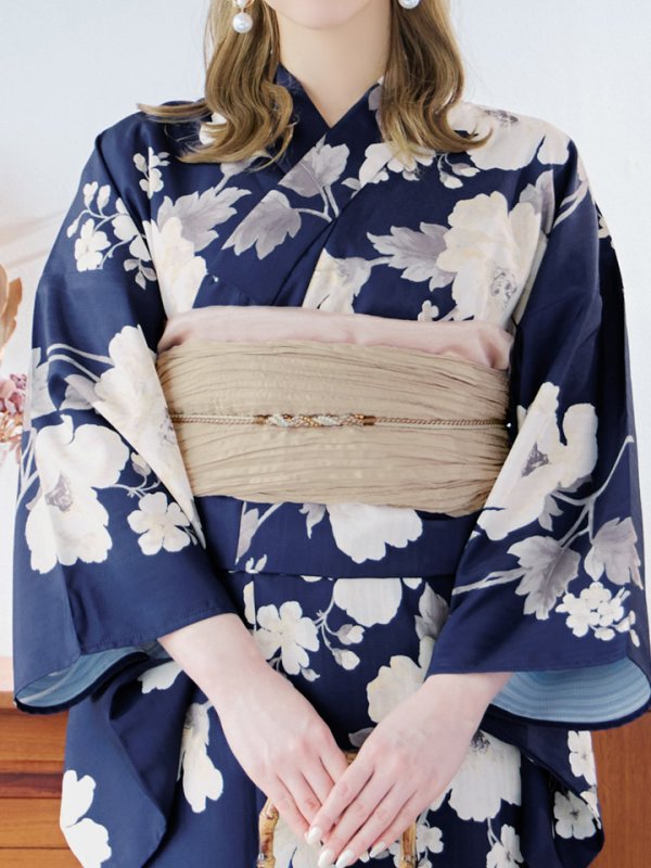 画像19: 【即日発送】ネイビー×ホワイトフラワー浴衣  【浴衣３点セット 浴衣/帯/下駄】[YMT]
