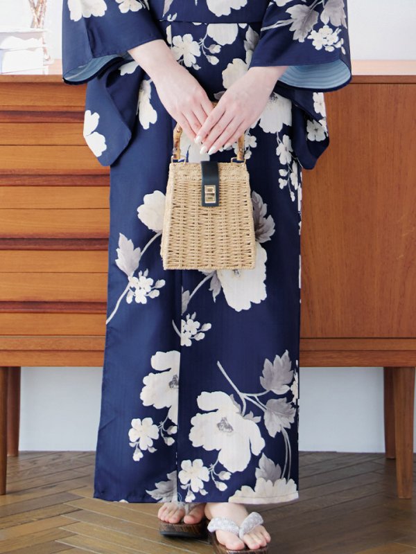 画像20: 【即日発送】ネイビー×ホワイトフラワー浴衣  【浴衣３点セット 浴衣/帯/下駄】[YMT]