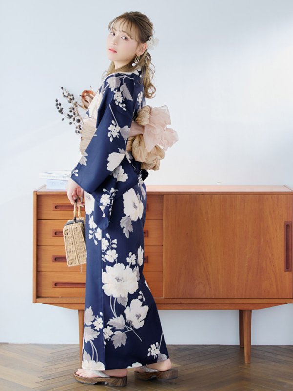 画像3: 【即日発送】ネイビー×ホワイトフラワー浴衣  【浴衣３点セット 浴衣/帯/下駄】[YMT]