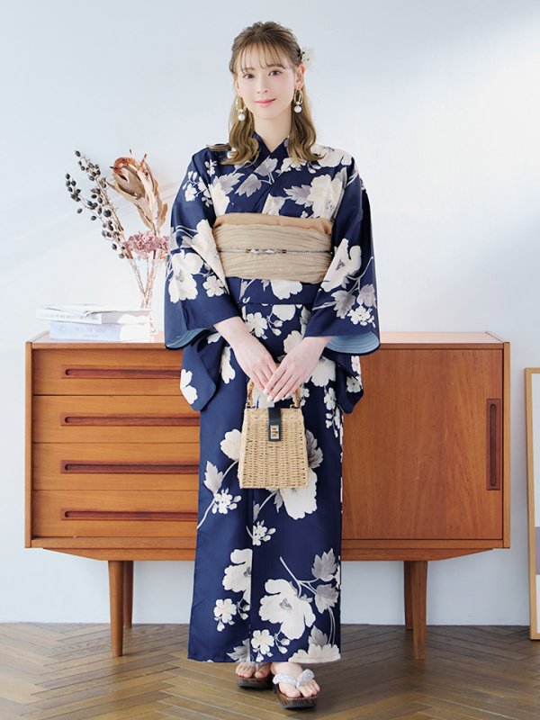 画像4: 【即日発送】ネイビー×ホワイトフラワー浴衣  【浴衣３点セット 浴衣/帯/下駄】[YMT]