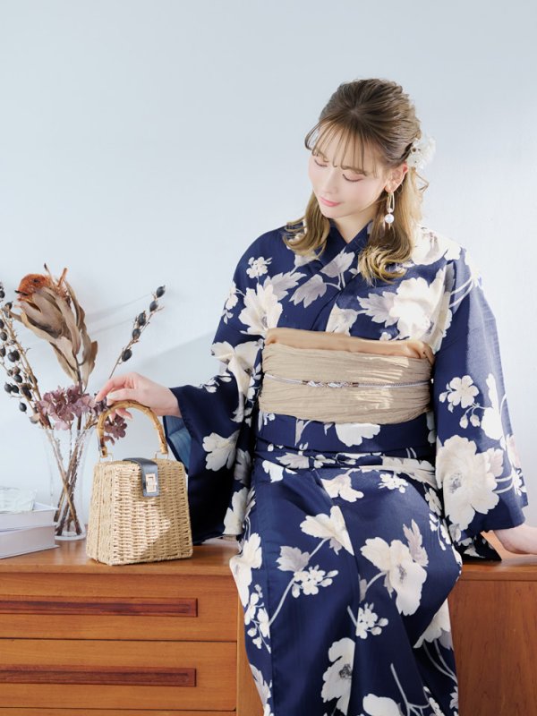 画像5: 【即日発送】ネイビー×ホワイトフラワー浴衣  【浴衣３点セット 浴衣/帯/下駄】[YMT]