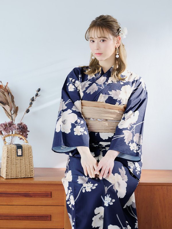 画像6: 【即日発送】ネイビー×ホワイトフラワー浴衣  【浴衣３点セット 浴衣/帯/下駄】[YMT]
