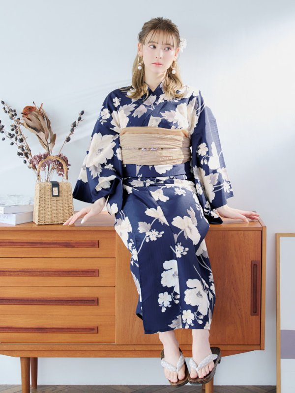 画像8: 【即日発送】ネイビー×ホワイトフラワー浴衣  【浴衣３点セット 浴衣/帯/下駄】[YMT]