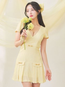 ワッフルイエロープリーツスカートミニドレス /キャバドレス【XS-Mサイズ/1カラー】[OF01] 【SB】dzwv