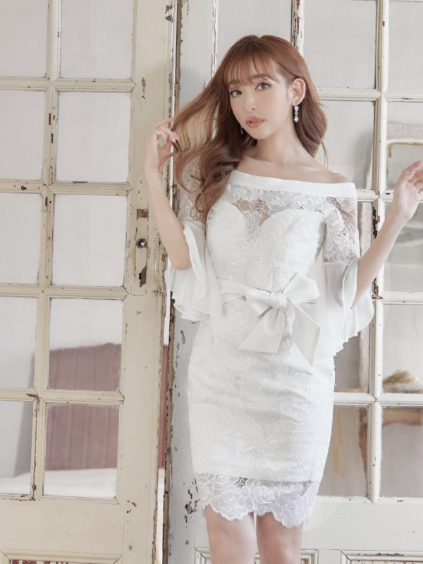 画像4: SALE!総レース/シフォンスリーブ/オフショル/リボンベルト/タイト/ミニドレス/キャバドレス【S-Mサイズ/2カラー】[HC02]