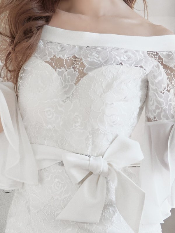 画像5: SALE!総レース/シフォンスリーブ/オフショル/リボンベルト/タイト/ミニドレス/キャバドレス【S-Mサイズ/2カラー】[HC02]