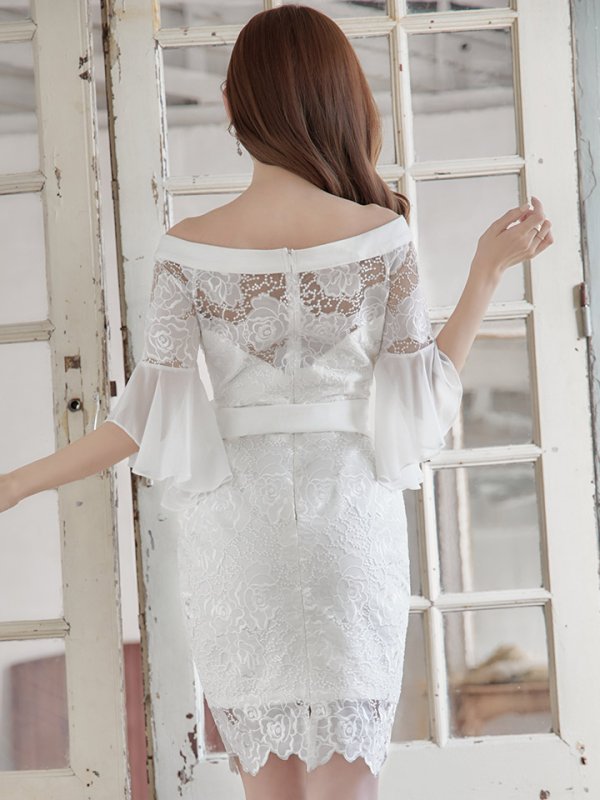 画像7: SALE!総レース/シフォンスリーブ/オフショル/リボンベルト/タイト/ミニドレス/キャバドレス【S-Mサイズ/2カラー】[HC02]