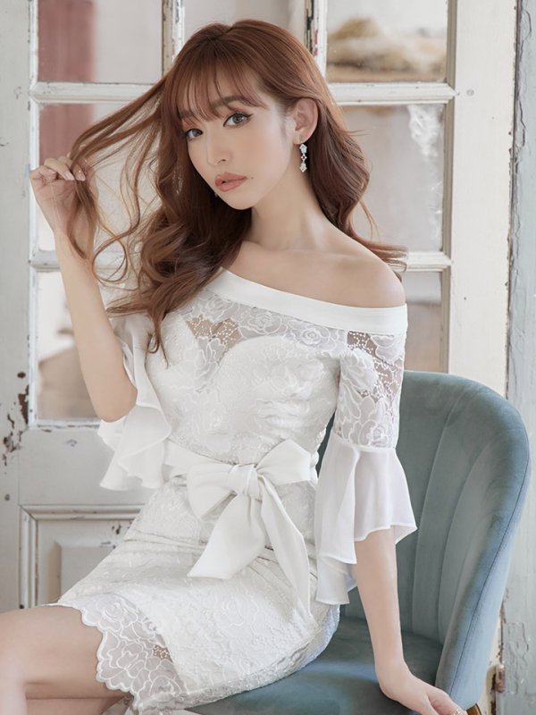 画像10: SALE!総レース/シフォンスリーブ/オフショル/リボンベルト/タイト/ミニドレス/キャバドレス【S-Mサイズ/2カラー】[HC02]