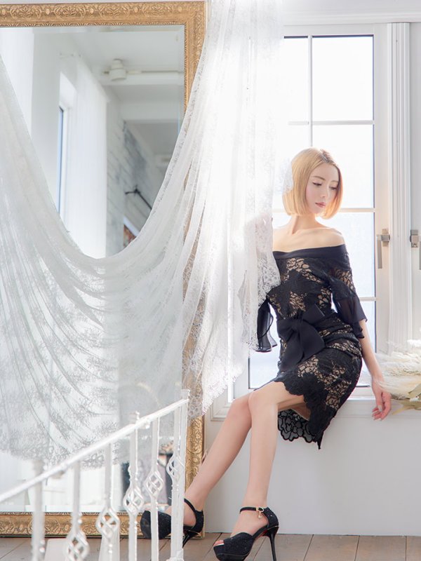 画像8: SALE!総レース/シフォンスリーブ/オフショル/リボンベルト/タイト/ミニドレス/キャバドレス【S-Mサイズ/2カラー】[HC02]