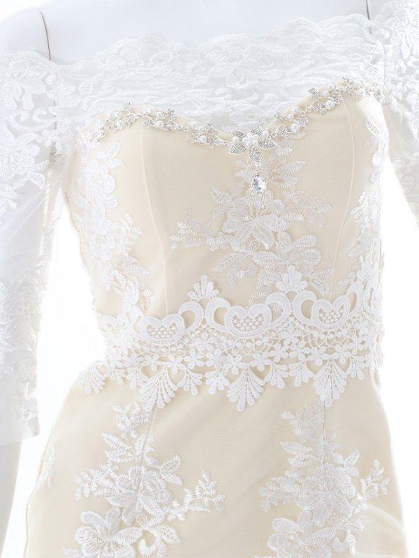 画像19: 刺繍レース/ビジュー/華やか/袖レース/背中隠し/オフショルダー/透け感/ミニドレス/ キャバドレス【S-Mサイズ/3カラー】[HC02]【 jAOC】