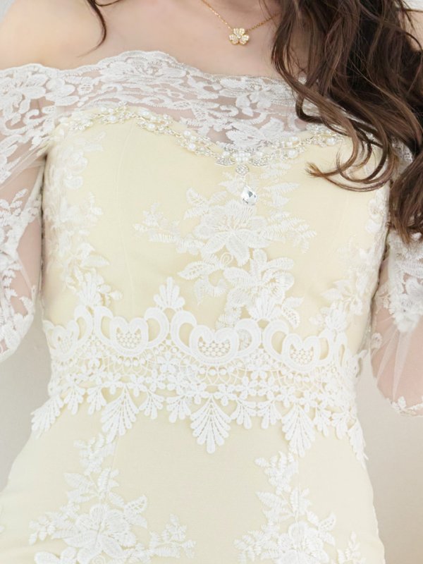 画像6: 刺繍レース/ビジュー/華やか/袖レース/背中隠し/オフショルダー/透け感/ミニドレス/ キャバドレス【S-Mサイズ/3カラー】[HC02]【 jAOC】