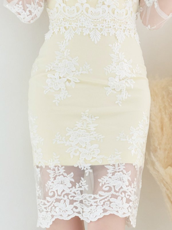 画像7: 刺繍レース/ビジュー/華やか/袖レース/背中隠し/オフショルダー/透け感/ミニドレス/ キャバドレス【S-Mサイズ/3カラー】[HC02]【 jAOC】