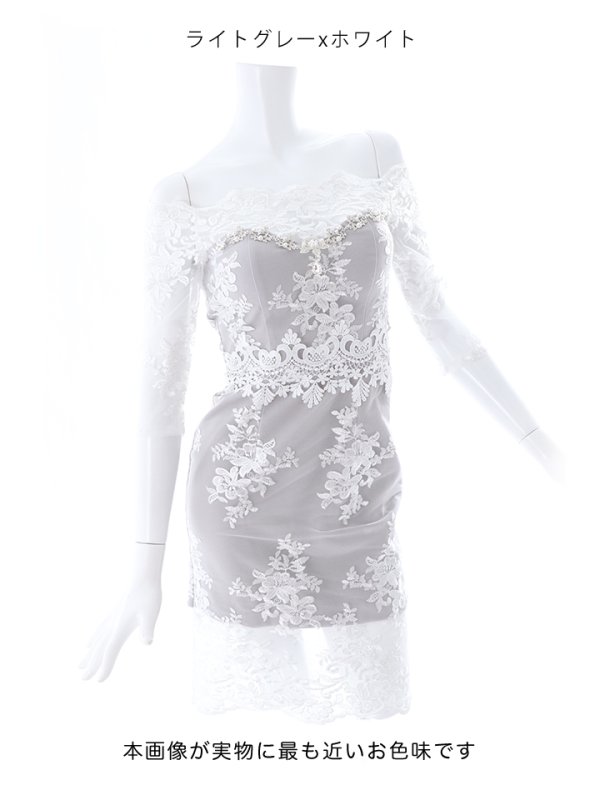 画像14: 刺繍レース/ビジュー/華やか/袖レース/背中隠し/オフショルダー/透け感/ミニドレス/ キャバドレス【S-Mサイズ/3カラー】[HC02]【 jAOC】