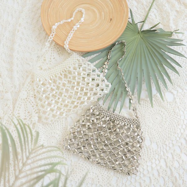 画像6: 【バッグ】巾着付き格子柄ビーズハンドバッグ【Fサイズ/2カラー】[YMT]