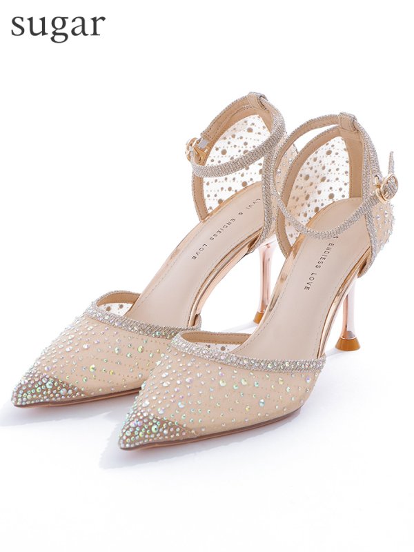 【COMEX】 2color/ 8cmヒール/ ラメ/ ラインストーン/ ピンヒール/ ポインテッドトゥ/ ハイヒール/ ストラップ付き/ パンプス[OF02]　ベージュ