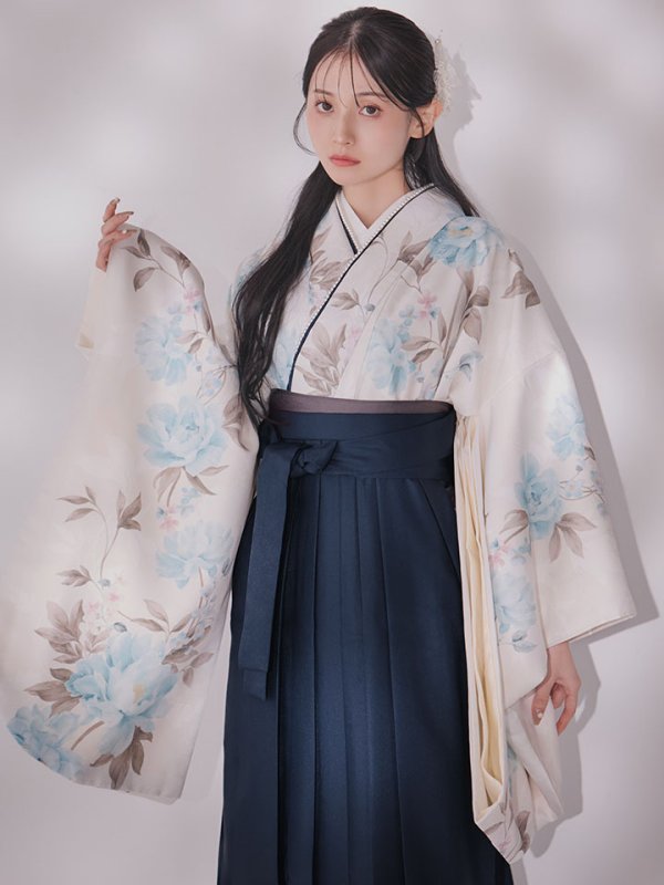 画像16: 【予約商品/1月中旬発送予定】ブルー芍薬 ホワイト二尺袖着物【卒業袴３点セット 二尺袖着物/帯/袴】