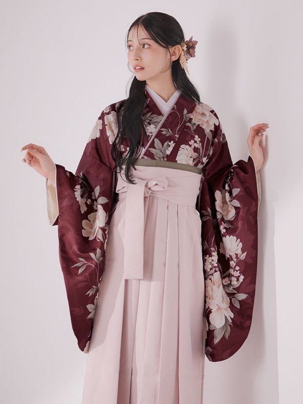 画像2: 【予約商品/1月中旬発送予定】ピンク芍薬 ワインレッド二尺袖着物【卒業袴３点セット 二尺袖着物/帯/袴】