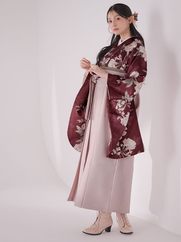 画像6: 【予約商品/1月中旬発送予定】ピンク芍薬 ワインレッド二尺袖着物【卒業袴３点セット 二尺袖着物/帯/袴】