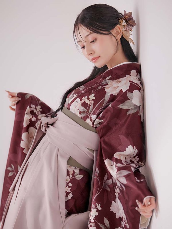 画像8: 【予約商品/1月中旬発送予定】ピンク芍薬 ワインレッド二尺袖着物【卒業袴３点セット 二尺袖着物/帯/袴】