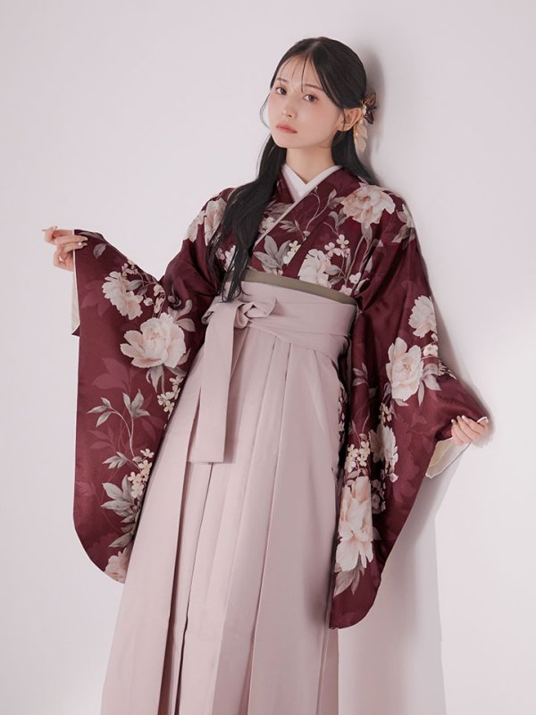 画像9: 【予約商品/1月中旬発送予定】ピンク芍薬 ワインレッド二尺袖着物【卒業袴３点セット 二尺袖着物/帯/袴】