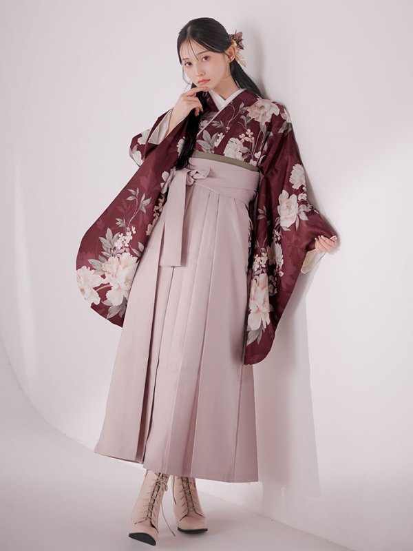 画像11: 【予約商品/1月中旬発送予定】ピンク芍薬 ワインレッド二尺袖着物【卒業袴３点セット 二尺袖着物/帯/袴】