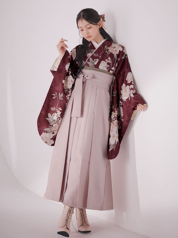 画像13: 【予約商品/1月中旬発送予定】ピンク芍薬 ワインレッド二尺袖着物【卒業袴３点セット 二尺袖着物/帯/袴】
