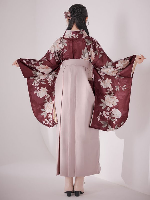 画像16: 【予約商品/1月中旬発送予定】ピンク芍薬 ワインレッド二尺袖着物【卒業袴３点セット 二尺袖着物/帯/袴】