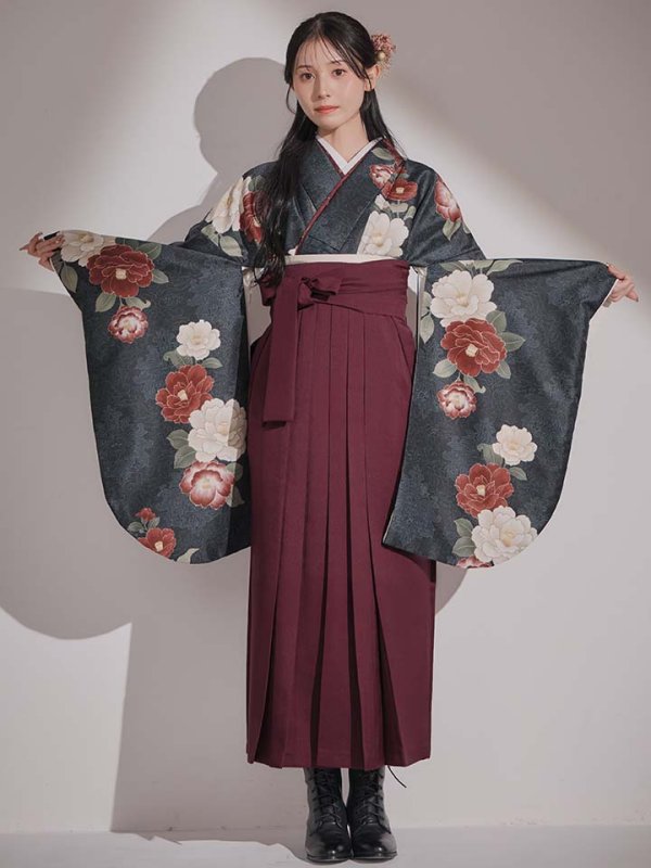 画像4: 【予約商品/1月中旬発送予定】白×赤椿 ブラック二尺袖着物【卒業袴３点セット 二尺袖着物/帯/袴】