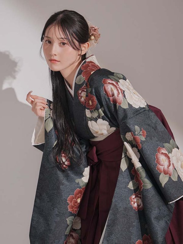 画像7: 【予約商品/1月中旬発送予定】白×赤椿 ブラック二尺袖着物【卒業袴３点セット 二尺袖着物/帯/袴】