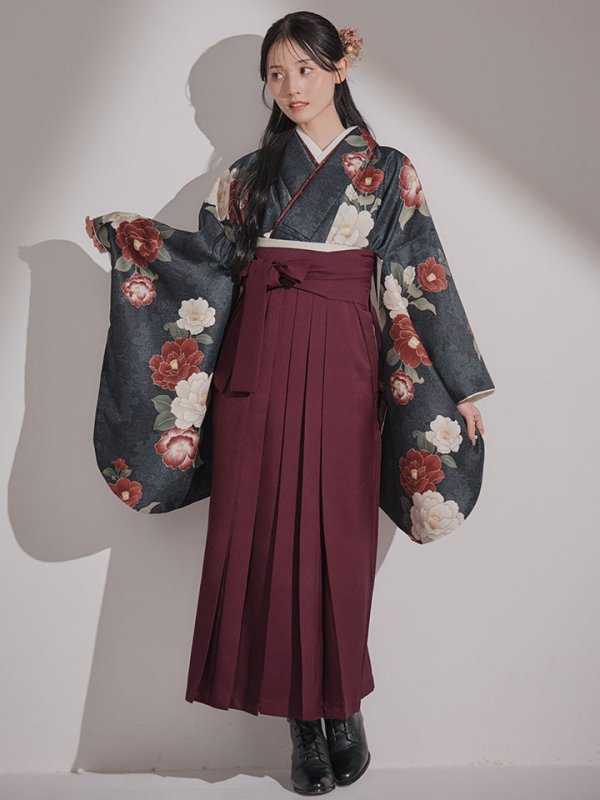 画像8: 【予約商品/1月中旬発送予定】白×赤椿 ブラック二尺袖着物【卒業袴３点セット 二尺袖着物/帯/袴】