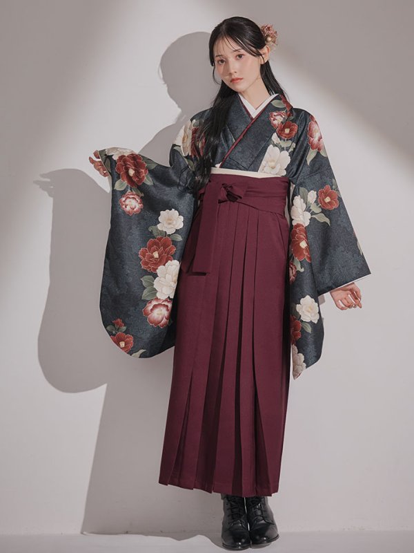 画像10: 【予約商品/1月中旬発送予定】白×赤椿 ブラック二尺袖着物【卒業袴３点セット 二尺袖着物/帯/袴】