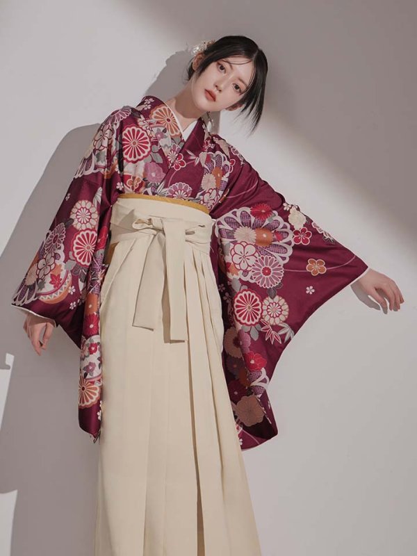 画像10: 【予約商品 / 1月中旬発送予定】菊×椿 ワインレッド二尺袖着物【卒業袴３点セット 二尺袖着物/帯/袴】