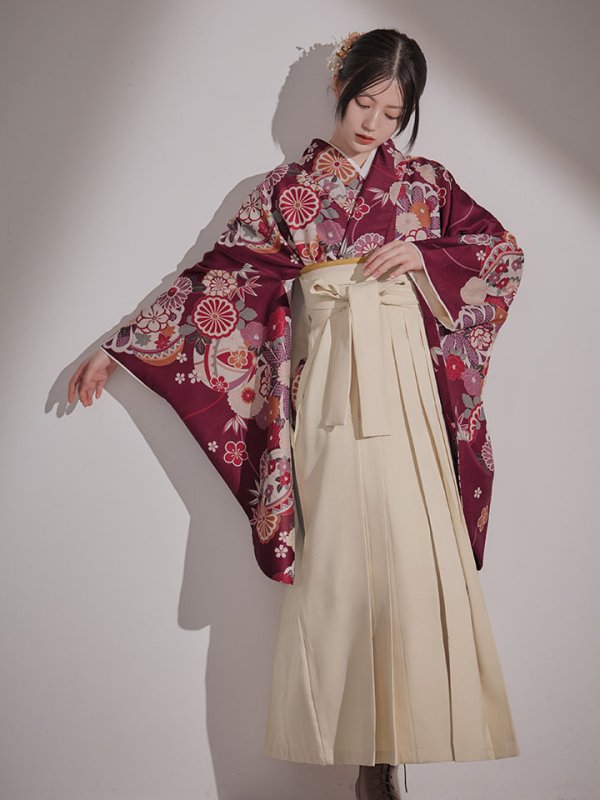 画像11: 【予約商品 / 1月中旬発送予定】菊×椿 ワインレッド二尺袖着物【卒業袴３点セット 二尺袖着物/帯/袴】