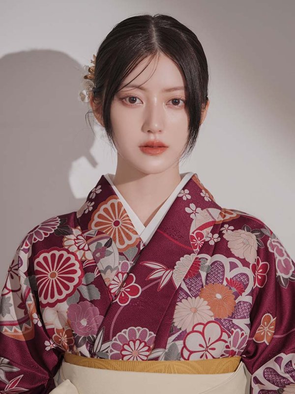 画像17: 【予約商品 / 1月中旬発送予定】菊×椿 ワインレッド二尺袖着物【卒業袴３点セット 二尺袖着物/帯/袴】