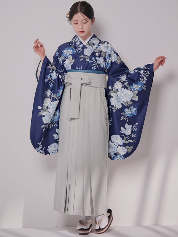 画像1: 【予約商品/1月中旬発送予定】青フラワーブーケ ブルー二尺袖着物【卒業袴３点セット 二尺袖着物/帯/袴】