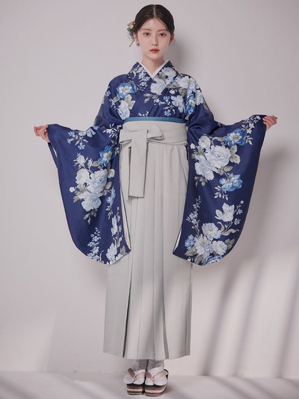 画像4: 【予約商品/1月中旬発送予定】青フラワーブーケ ブルー二尺袖着物【卒業袴３点セット 二尺袖着物/帯/袴】