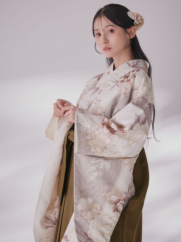 画像7: 【予約商品/1月中旬発送予定】グレーピンクフラワー グラデーション二尺袖着物【卒業袴３点セット 二尺袖着物/帯/袴】