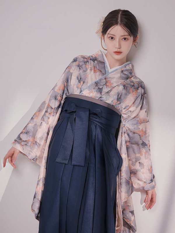 画像3: 【予約商品 / 1月中旬発送予定】グレーピンクフラワー グラデーション二尺袖着物【卒業袴３点セット 二尺袖着物/帯/袴】