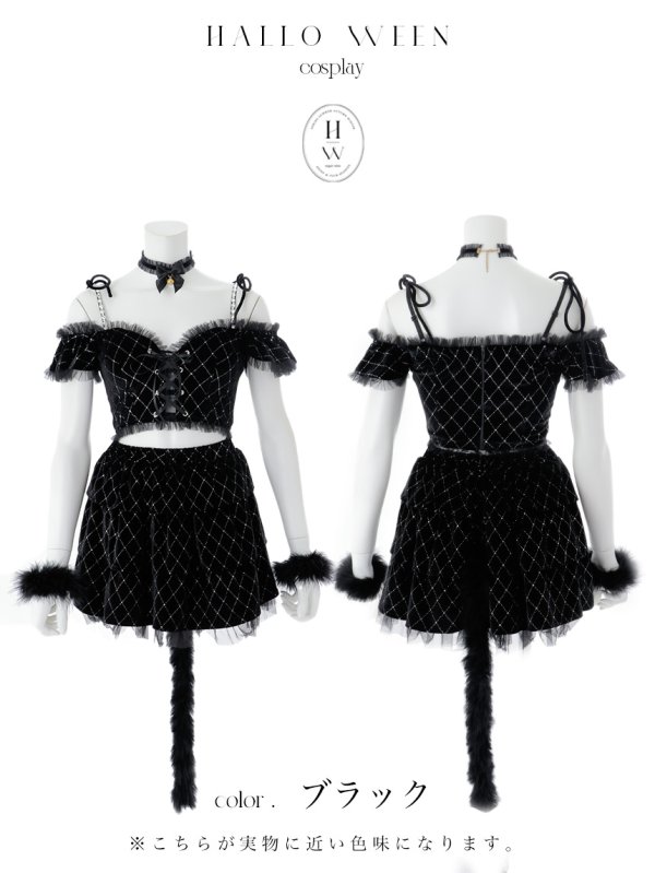 画像31: 【即日発送】【ハロウィン】キャットオフショルビジューセットアップ【コスプレ6点セット】【XS-Lサイズ/3カラー】[HC03]